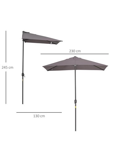 Outsunny Balcony Half Parasol Semi Round Umbrella Patio Crank Handle (2.3m, Grey)- NO BASE INCLUDED 84D-074GY