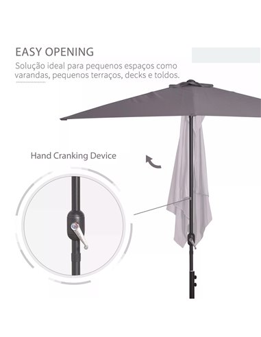 Outsunny Balcony Half Parasol Semi Round Umbrella Patio Crank Handle (2.3m, Grey)- NO BASE INCLUDED 84D-074GY