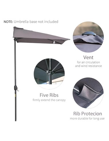 Outsunny Balcony Half Parasol Semi Round Umbrella Patio Crank Handle (2.3m, Grey)- NO BASE INCLUDED 84D-074GY