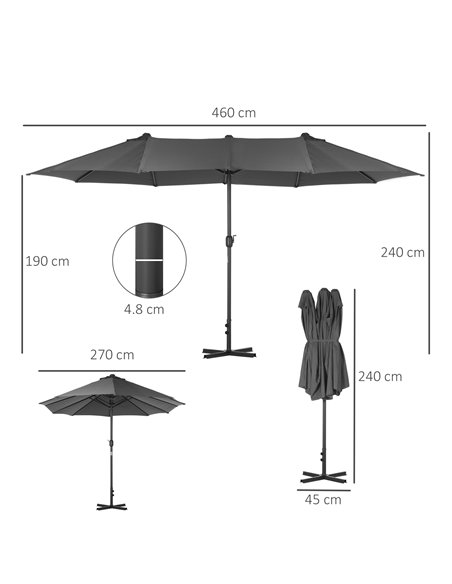Outsunny 4.6m Garden Parasol Double-Sided Sun Umbrella Patio Market Shelter Canopy Shade Outdoor with Cross Base – Grey 84D-030V - pic 49320 | FastDaddyshop