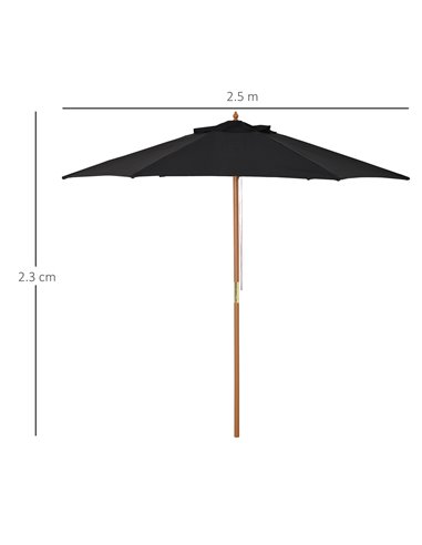 Outsunny 2.5m Wood Garden Parasol Sun Shade Patio Outdoor Wooden Umbrella Canopy Black 84D-056BK