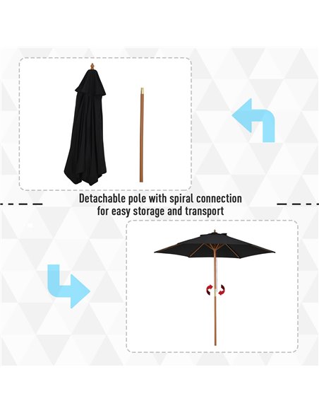 Outsunny 2.5m Wood Garden Parasol Sun Shade Patio Outdoor Wooden Umbrella Canopy Black 84D-056BK - pic 49348 | FastDaddyshop