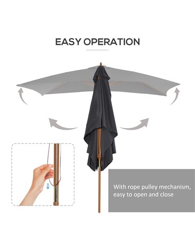 Outsunny Wooden Garden Parasol Umbrella Outdoor Sun Shade Canopy, Dark Grey，2 x 3m 84D-057CG
