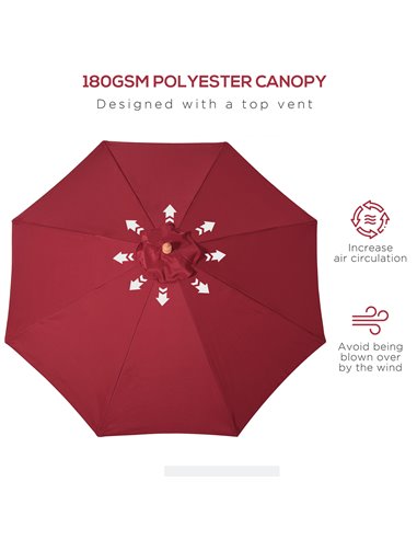 Outsunny 2.5m Wood Garden Parasol Sun Shade Patio Outdoor Market Umbrella Canopy with Top Vent, Wine Red 84D-097WR