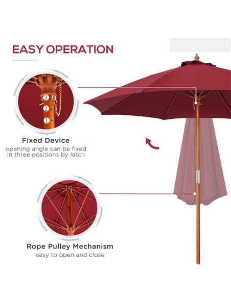 Outsunny 2.5m Wood Garden Parasol Sun Shade Patio Outdoor Market Umbrella Canopy with Top Vent, Wine Red 84D-097WR - pic 49367 | FastDaddyshop