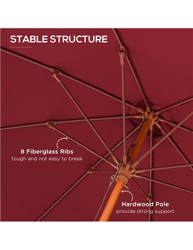 Outsunny 2.5m Wood Garden Parasol Sun Shade Patio Outdoor Market Umbrella Canopy with Top Vent, Wine Red 84D-097WR