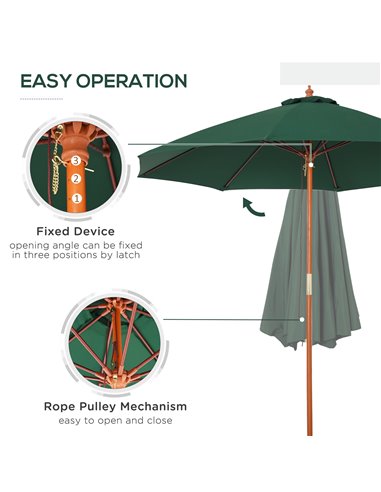 Outsunny 2.5m Wood Garden Parasol Sun Shade Patio Outdoor Market Umbrella Canopy with Top Vent, Dark Green 84D-097GN