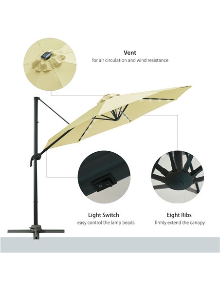 Outsunny 3 meter Patio Offset Roma Parasol Garden Umbrella Cantilever Hanging Sun Shade Canopy Shelter 360° Rotation with Cross  - pic 49387 | FastDaddyshop