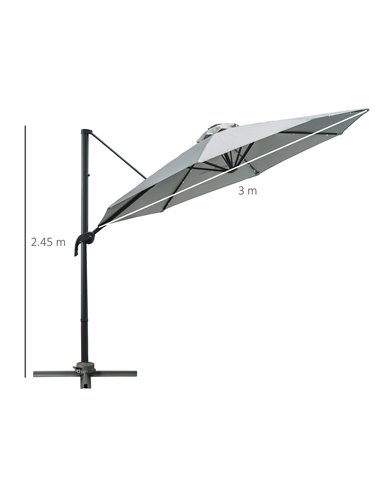 Outsunny 3(m) Cantilever Roma Parasol Patio Sun Umbrella with LED Solar Light Cross Base 360° Rotating Outdoor, Grey 84D-099GY