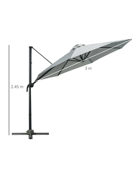 Outsunny 3(m) Cantilever Roma Parasol Patio Sun Umbrella with LED Solar Light Cross Base 360° Rotating Outdoor, Grey 84D-099GY - pic 49401 | FastDaddyshop