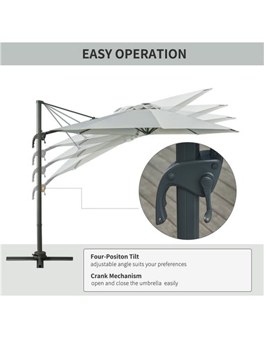Outsunny 3(m) Cantilever Roma Parasol Patio Sun Umbrella with LED Solar Light Cross Base 360° Rotating Outdoor, Grey 84D-099GY