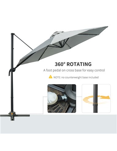 Outsunny 3(m) Cantilever Roma Parasol Patio Sun Umbrella with LED Solar Light Cross Base 360° Rotating Outdoor, Grey 84D-099GY