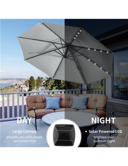 Outsunny 3(m) Cantilever Roma Parasol Patio Sun Umbrella with LED Solar Light Cross Base 360° Rotating Outdoor, Grey 84D-099GY - pic 49404 | FastDaddyshop