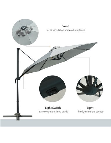 Outsunny 3(m) Cantilever Roma Parasol Patio Sun Umbrella with LED Solar Light Cross Base 360° Rotating Outdoor, Grey 84D-099GY