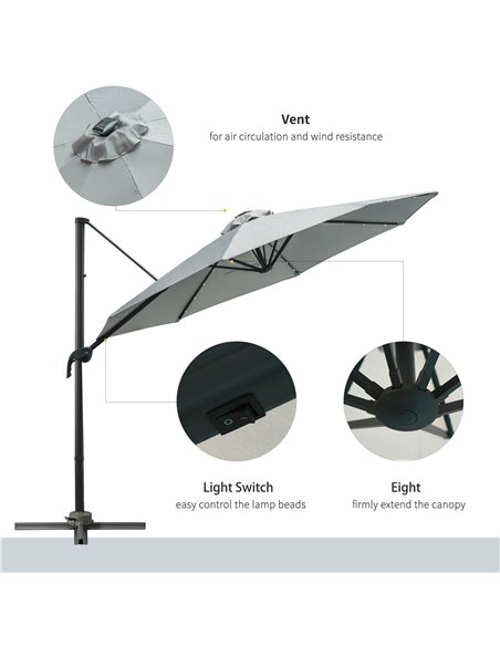 Outsunny 3(m) Cantilever Roma Parasol Patio Sun Umbrella with LED Solar Light Cross Base 360° Rotating Outdoor, Grey 84D-099GY - pic 49405 | FastDaddyshop