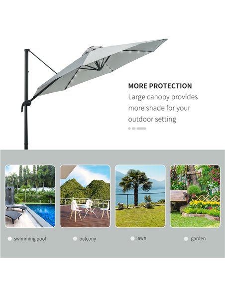Outsunny 3(m) Cantilever Roma Parasol Patio Sun Umbrella with LED Solar Light Cross Base 360° Rotating Outdoor, Grey 84D-099GY - pic 49406 | FastDaddyshop