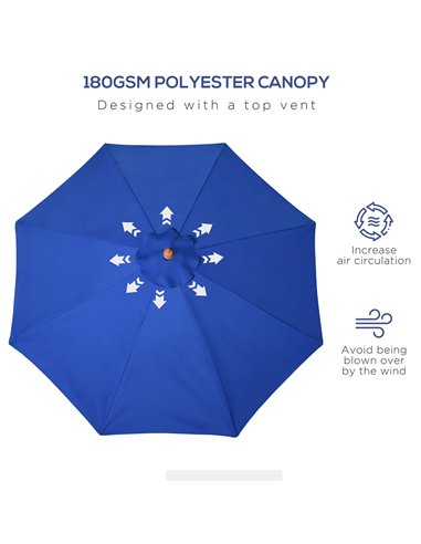 Outsunny 2.5m Wood Garden Parasol Sun Shade Patio Outdoor Market Umbrella Canopy with Top Vent, Blue 84D-097BU