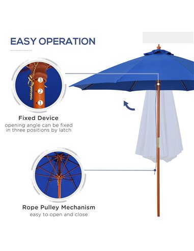 Outsunny 2.5m Wood Garden Parasol Sun Shade Patio Outdoor Market Umbrella Canopy with Top Vent, Blue 84D-097BU