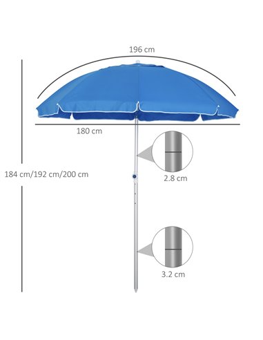 Outsunny Arc. 1.9m Beach Umbrella with Pointed Design Adjustable Tilt Carry Bag for Outdoor Patio Blue 84D-092BU