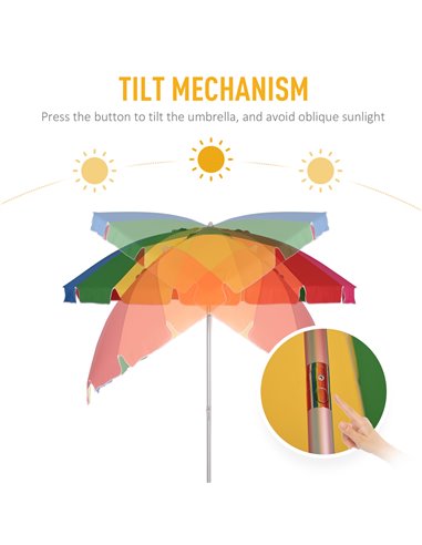 Outsunny Arc. 2.4m Beach Umbrella with Sand Anchor Adjustable Tilt Carry Bag for Outdoor Patio Multicolor 84D-090
