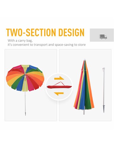 Outsunny Arc. 2.4m Beach Umbrella with Sand Anchor Adjustable Tilt Carry Bag for Outdoor Patio Multicolor 84D-090