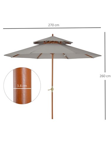 Outsunny 2.7 m Double Tier Outdoor Patio Garden Sun Umbrella Sunshade Wooden Parasol Grey Shade Canopy  840-025GY