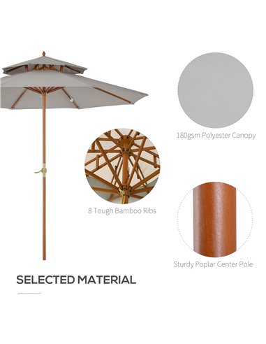 Outsunny 2.7 m Double Tier Outdoor Patio Garden Sun Umbrella Sunshade Wooden Parasol Grey Shade Canopy  840-025GY