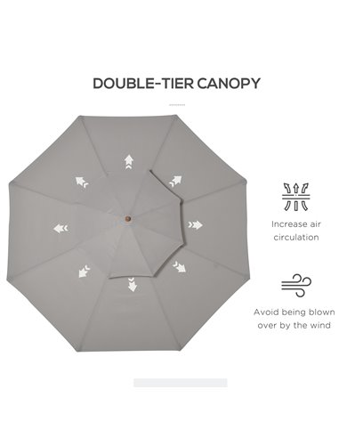 Outsunny 2.7 m Double Tier Outdoor Patio Garden Sun Umbrella Sunshade Wooden Parasol Grey Shade Canopy  840-025GY