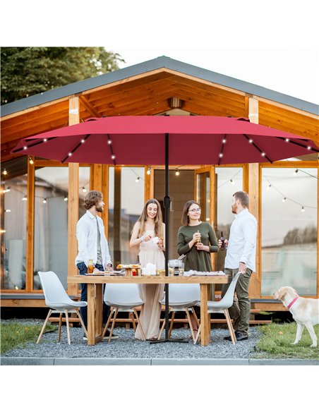 Outsunny 4.4m Double-Sided Sun Umbrella Garden Parasol Patio Sun Shade Outdoor with LED Solar Light, NO BASE INCLUDED, Wine Red  - pic 49481 | FastDaddyshop