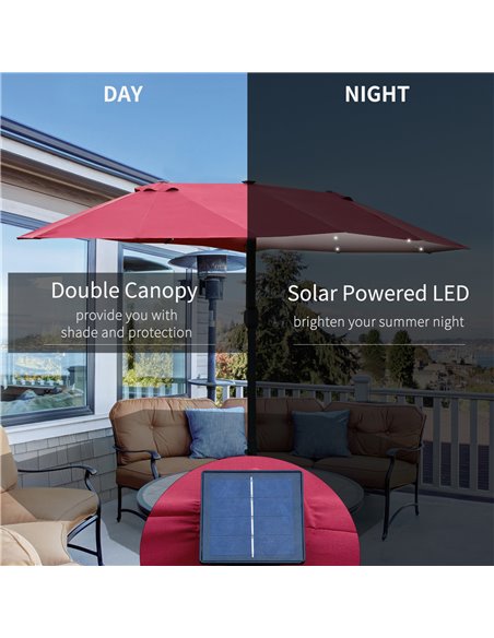 Outsunny 4.4m Double-Sided Sun Umbrella Garden Parasol Patio Sun Shade Outdoor with LED Solar Light, NO BASE INCLUDED, Wine Red  - pic 49483 | FastDaddyshop