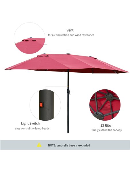 Outsunny 4.4m Double-Sided Sun Umbrella Garden Parasol Patio Sun Shade Outdoor with LED Solar Light, NO BASE INCLUDED, Wine Red  - pic 49484 | FastDaddyshop