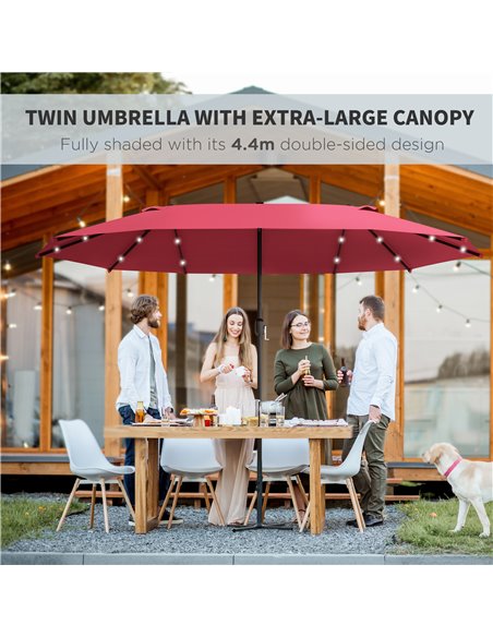 Outsunny 4.4m Double-Sided Sun Umbrella Garden Parasol Patio Sun Shade Outdoor with LED Solar Light, NO BASE INCLUDED, Wine Red  - pic 49485 | FastDaddyshop