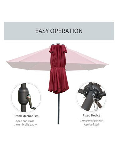 Outsunny 4.4m Double-Sided Sun Umbrella Garden Parasol Patio Sun Shade Outdoor with LED Solar Light, NO BASE INCLUDED, Wine Red 