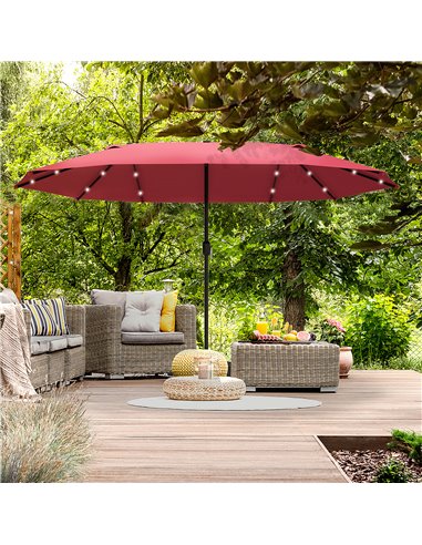 Outsunny 4.4m Double-Sided Sun Umbrella Garden Parasol Patio Sun Shade Outdoor with LED Solar Light, NO BASE INCLUDED, Wine Red 