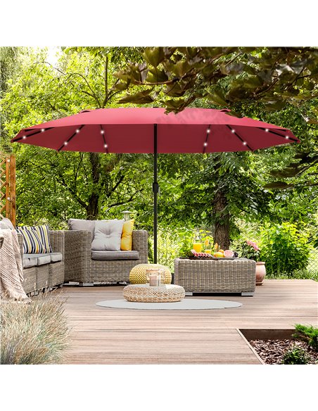 Outsunny 4.4m Double-Sided Sun Umbrella Garden Parasol Patio Sun Shade Outdoor with LED Solar Light, NO BASE INCLUDED, Wine Red  - pic 49487 | FastDaddyshop