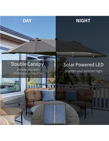 Outsunny 4.4m Double-Sided Sun Umbrella Garden Parasol Patio Sun Shade Outdoor with LED Solar Light , Dark Grey 84D-106CG