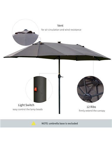 Outsunny 4.4m Double-Sided Sun Umbrella Garden Parasol Patio Sun Shade Outdoor with LED Solar Light , Dark Grey 84D-106CG