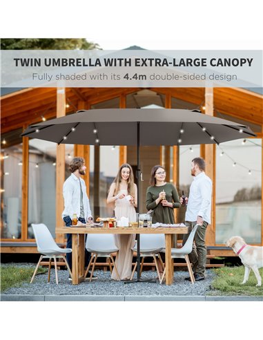 Outsunny 4.4m Double-Sided Sun Umbrella Garden Parasol Patio Sun Shade Outdoor with LED Solar Light , Dark Grey 84D-106CG