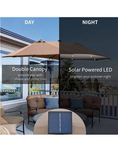 Outsunny Garden Parasol 4.4m Double-Sided Sun Umbrella Patio Sun Shade Outdoor with LED Solar Light , Khaki 84D-106CF