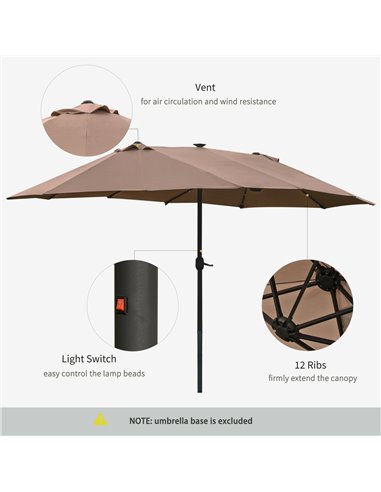 Outsunny Garden Parasol 4.4m Double-Sided Sun Umbrella Patio Sun Shade Outdoor with LED Solar Light , Khaki 84D-106CF
