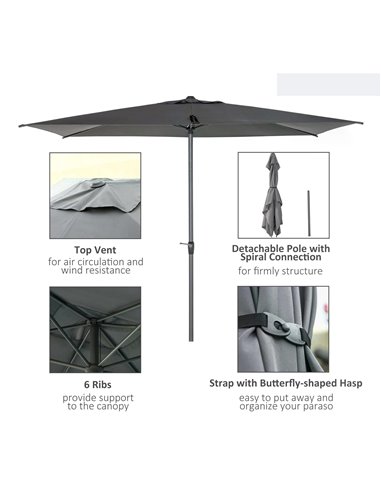 Outsunny 3 x 2m Garden Parasol Patio Sun Umbrella Canopy Rectangular Sun Shade Aluminium Crank Tilt Mechanism, Dark Grey 84D-126