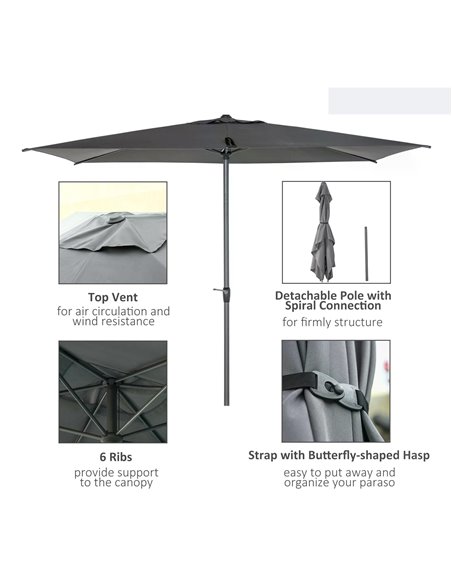 Outsunny 3 x 2m Garden Parasol Patio Sun Umbrella Canopy Rectangular Sun Shade Aluminium Crank Tilt Mechanism, Dark Grey 84D-126 - pic 49530 | FastDaddyshop