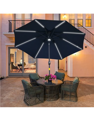 Outsunny 2.7m Garden Parasol Sun Umbrella Patio Summer Shelter w/ LED Solar Light, Angled Canopy, Vent, Crank Tilt, Blue 84D-105