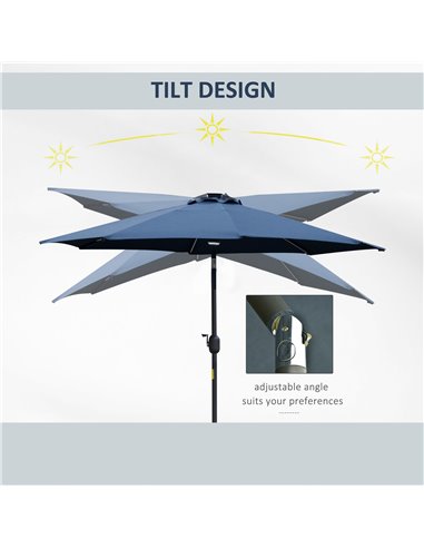 Outsunny 2.7m Garden Parasol Sun Umbrella Patio Summer Shelter w/ LED Solar Light, Angled Canopy, Vent, Crank Tilt, Blue 84D-105