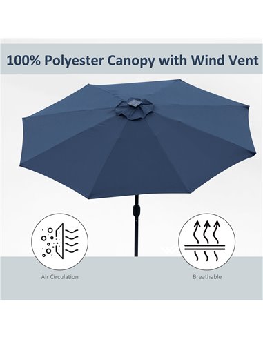 Outsunny 2.7m Garden Parasol Sun Umbrella Patio Summer Shelter w/ LED Solar Light, Angled Canopy, Vent, Crank Tilt, Blue 84D-105