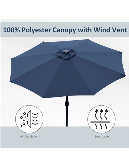 Outsunny 2.7m Garden Parasol Sun Umbrella Patio Summer Shelter w/ LED Solar Light, Angled Canopy, Vent, Crank Tilt, Blue 84D-105 - pic 49576 | FastDaddyshop