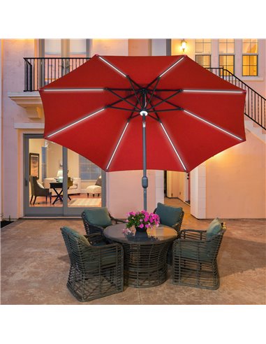 Outsunny 2.7m Garden Parasol Sun Umbrella Patio Summer Shelter w/ LED Solar Light, Angled Canopy, Vent, Crank Tilt, Red 84D-105W