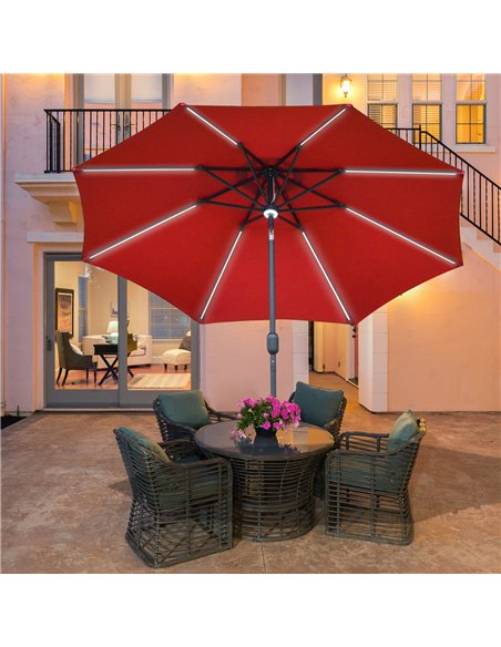 Outsunny 2.7m Garden Parasol Sun Umbrella Patio Summer Shelter w/ LED Solar Light, Angled Canopy, Vent, Crank Tilt, Red 84D-105W - pic 49580 | FastDaddyshop