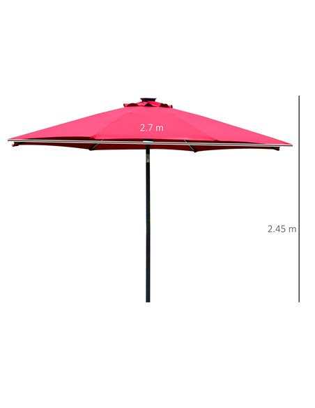 Outsunny 2.7m Garden Parasol Sun Umbrella Patio Summer Shelter w/ LED Solar Light, Angled Canopy, Vent, Crank Tilt, Red 84D-105W - pic 49581 | FastDaddyshop