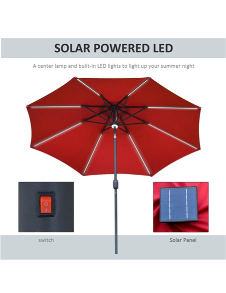 Outsunny 2.7m Garden Parasol Sun Umbrella Patio Summer Shelter w/ LED Solar Light, Angled Canopy, Vent, Crank Tilt, Red 84D-105W - pic 49582 | FastDaddyshop
